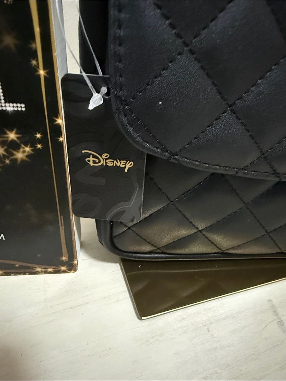 Disney Black Quilted Satchel with Pearl Mickey Accent and Gold Trim